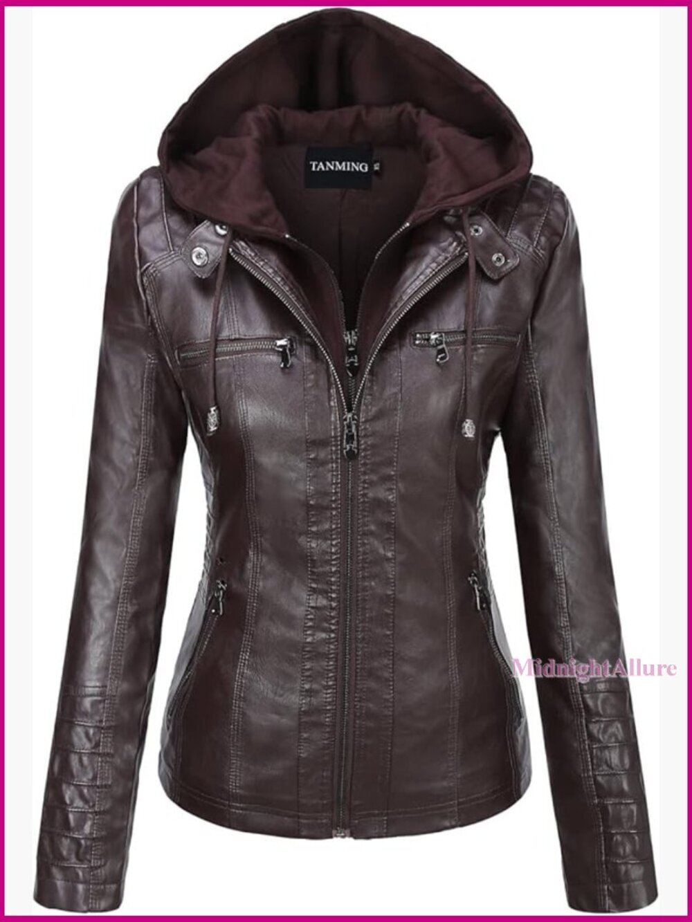 Faux Leather Moto Jacket with Detachable Hood Slim Fit Long Sleeve